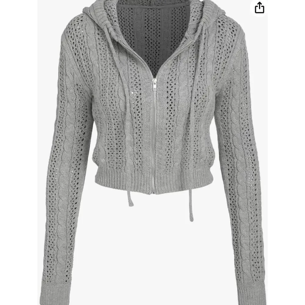 Cider Knit Hooded Zipper Hollow Out Cardigan in Gray, Women's Medium
